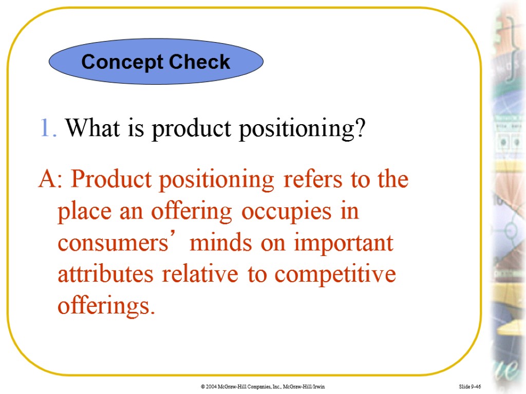 Slide 9-46 1. What is product positioning? A: Product positioning refers to the place